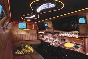 wood inside limo with bar